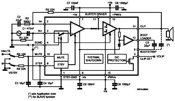 Типовая схема включения TDA7293, пунктиром - TDA7294