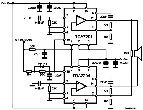 Мостовая схема включения TDA7293 или TDA7294, TDA7295 и TDA7296 так включать не рекомендуем - они слишком слабые