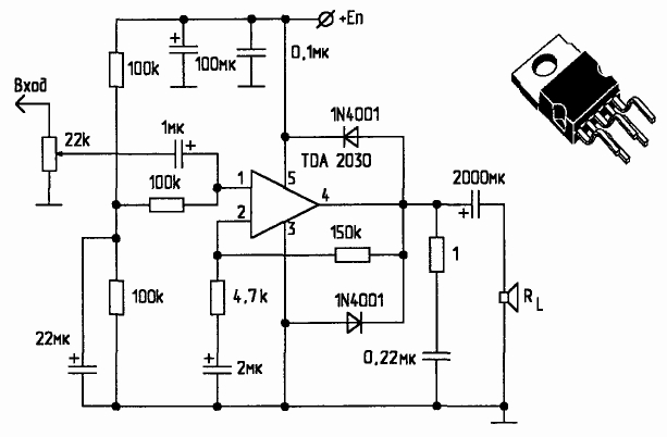Принципиальная схема усилителя TDA2030 при однополярном питании