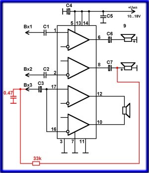 Принципиальная схема усилителя мощности 2.1 на микросхеме TDA1554