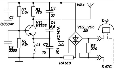 Схема  радимикрофона с питанием от линии АТС