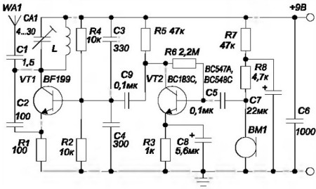 Схема упрощенного радимикрофона, работающего в диапазоне FM 88... 108 МГц