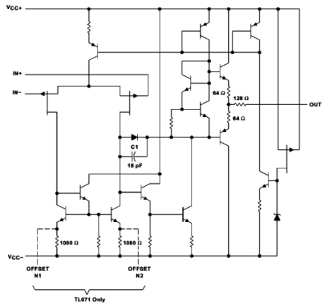 Принципиальная схема операционного усилителя  TL071