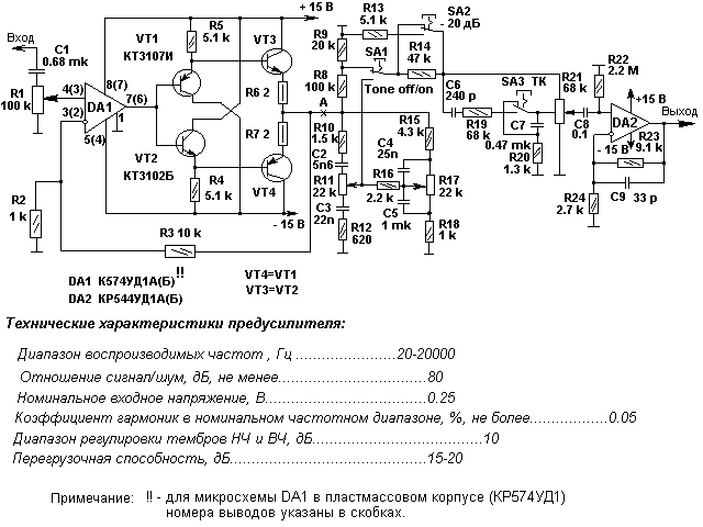 Схема предварительного усилителя с регуляторами тембра НЧ и ВЧ Предварительный усилитель с отключаемым темброблоком