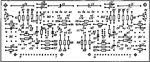 Расположение деталей на плате предварительного усилителя