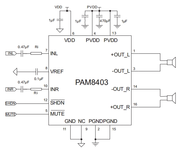 Схема усилителя мощности на PAM8403