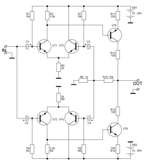 Используя зеркалльно отражение каскадов получаем симметричный усилитель