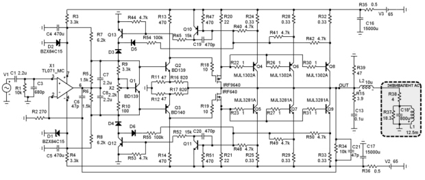 Принципиальная схема усилителя мощности с биполярно-полевым выходным каскадом