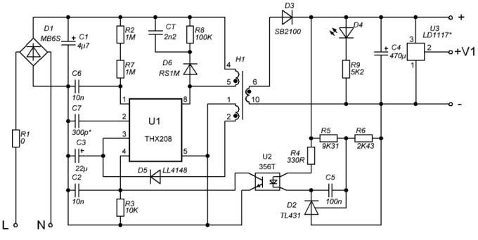 Принципиальная схема блока питания THX208