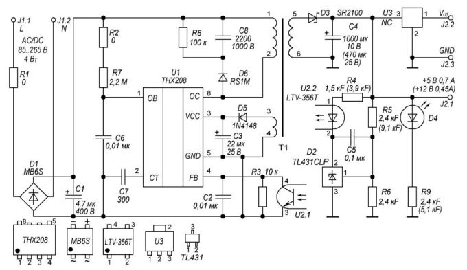 Принципиальная схема блока питания THX208