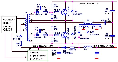 Схема запуска преобразователя напряжения Схема запуска с самовозбуждением ИБП GT-150W