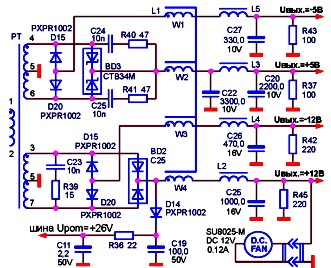 Получение выходных напряжений в импульсного блока питания KYP-150W