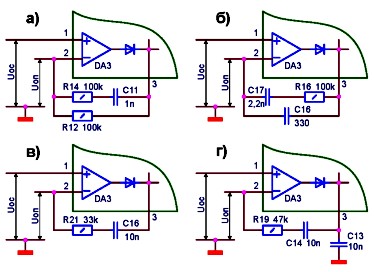 Примеры конфигурвции корректирующих RC-цепочек для усилителя ошибки по напряжению DA3