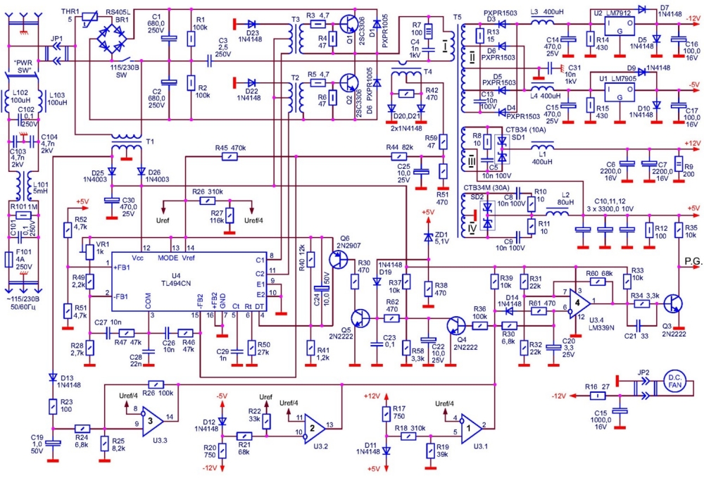 Схема принципиальная импульсного блока питания ИБП PS-6220C